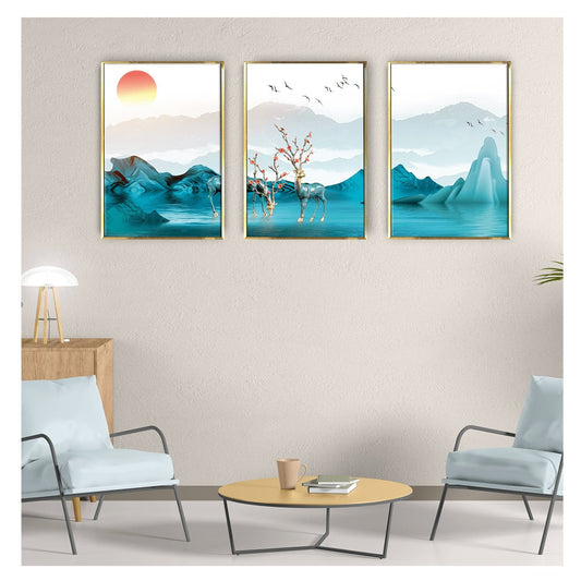 Luxury deer, mountains and flocks of birds Wall art painting for living Room Wall decor