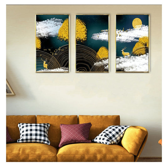 Night Golden Tree & Deer Canvas Wall Art Painting