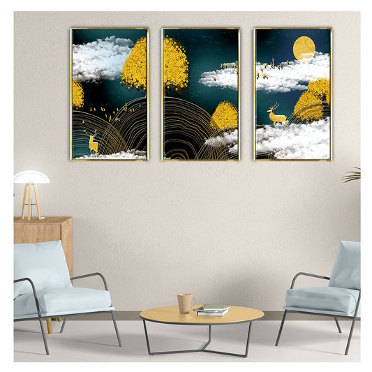 Night Golden Tree & Deer Canvas Wall Art Painting