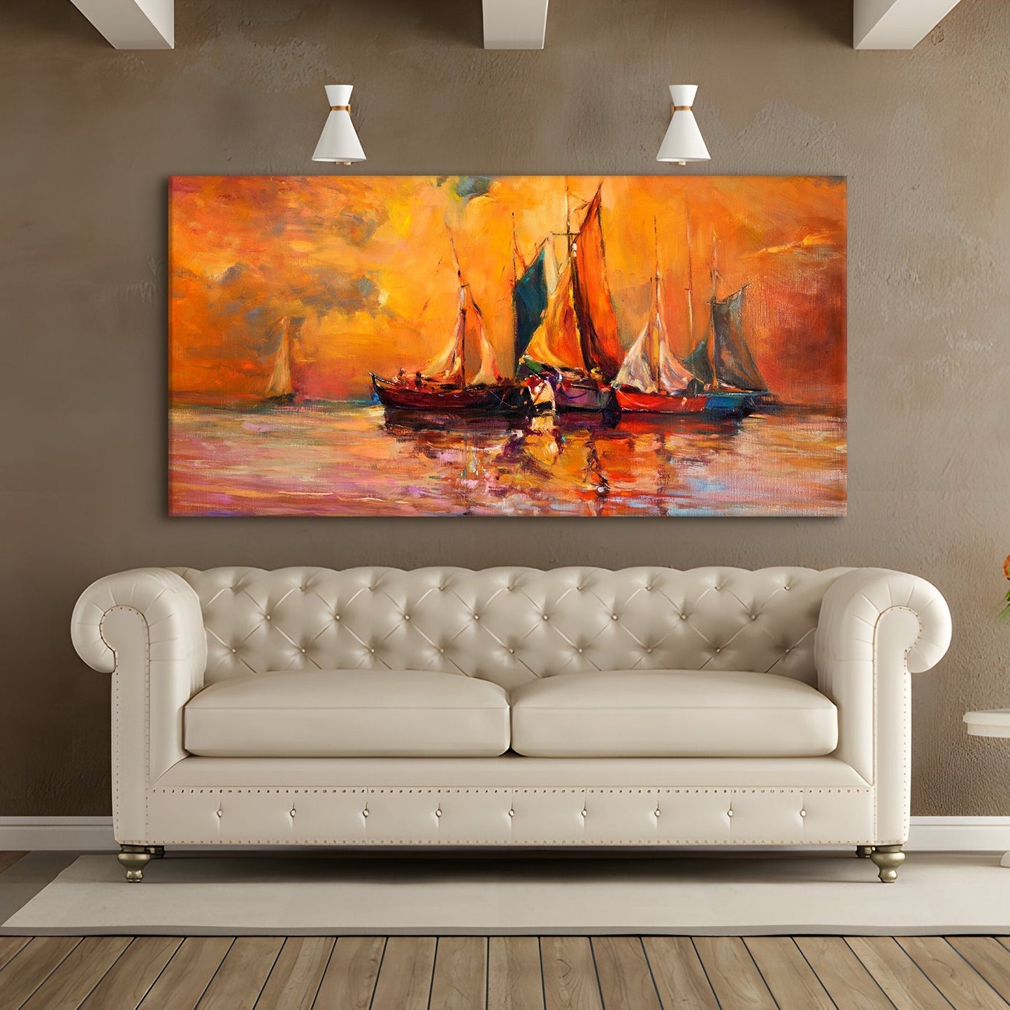 Boats in Ocean at Sunset Canvas Wall Art Painting