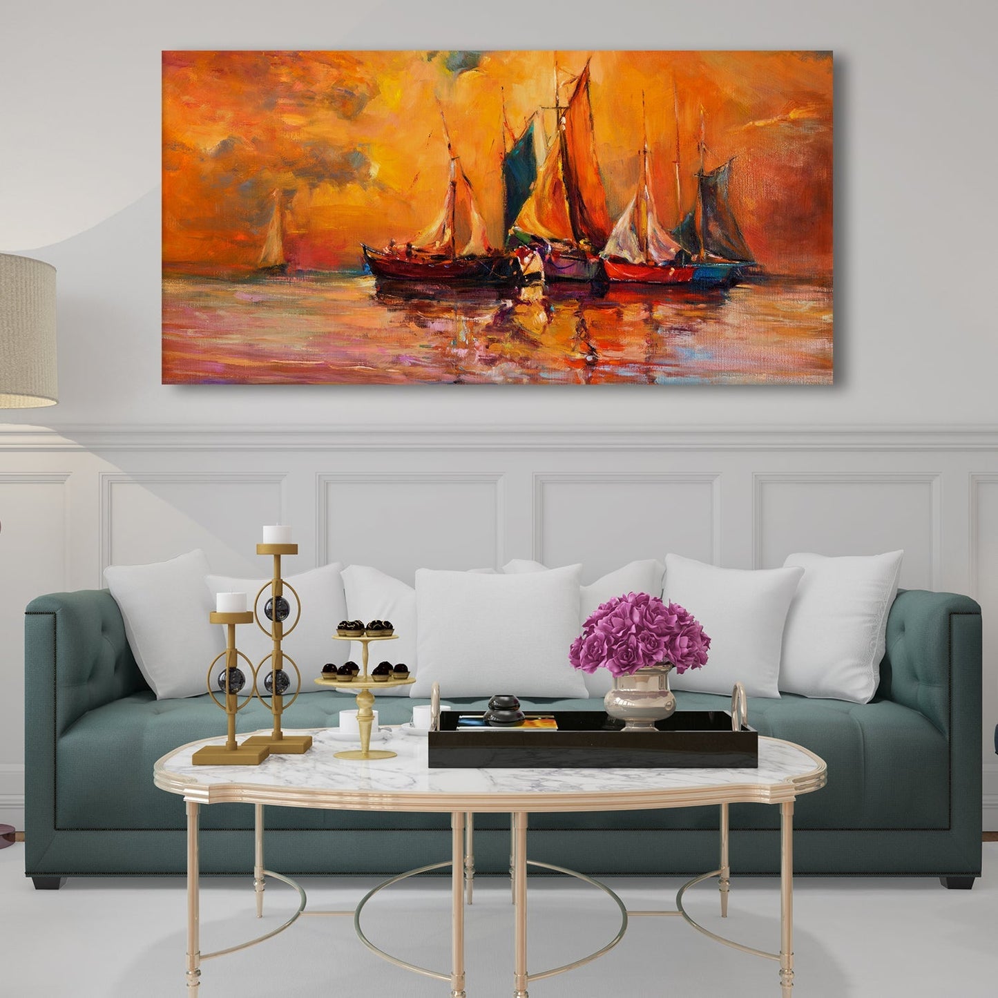 Boats in Ocean at Sunset Canvas Wall Art Painting