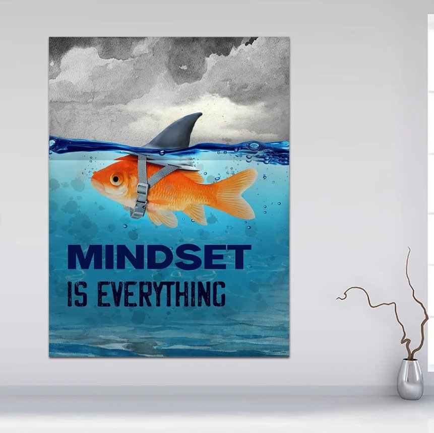 a goldfish wearing a toy shark fin Canvas Wall Art Painting
