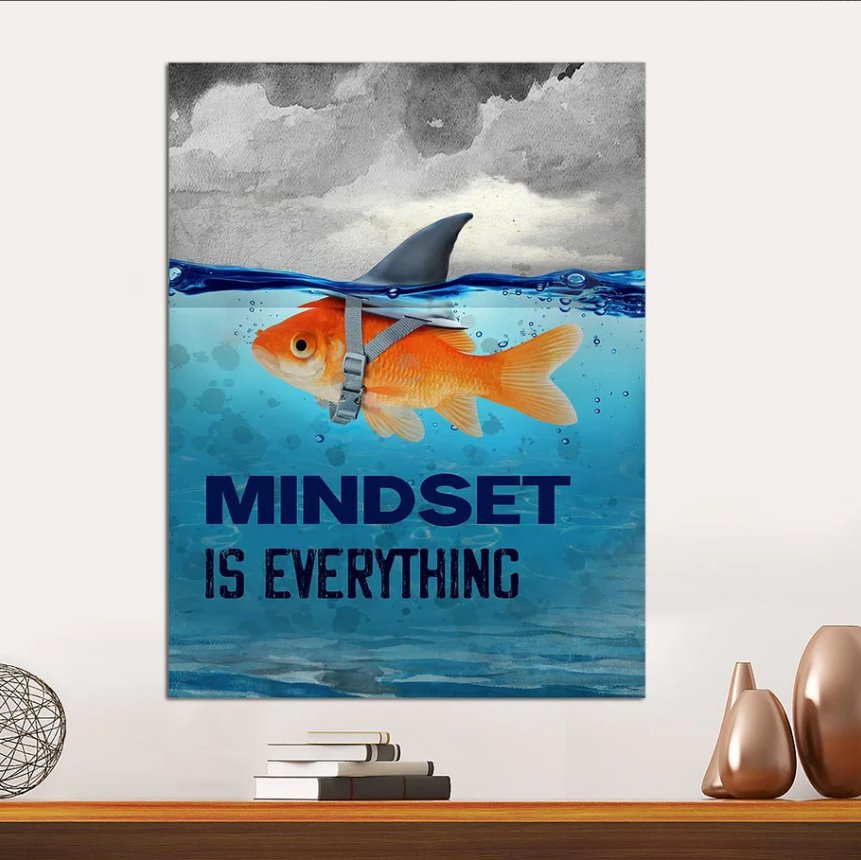 a goldfish wearing a toy shark fin Canvas Wall Art Painting