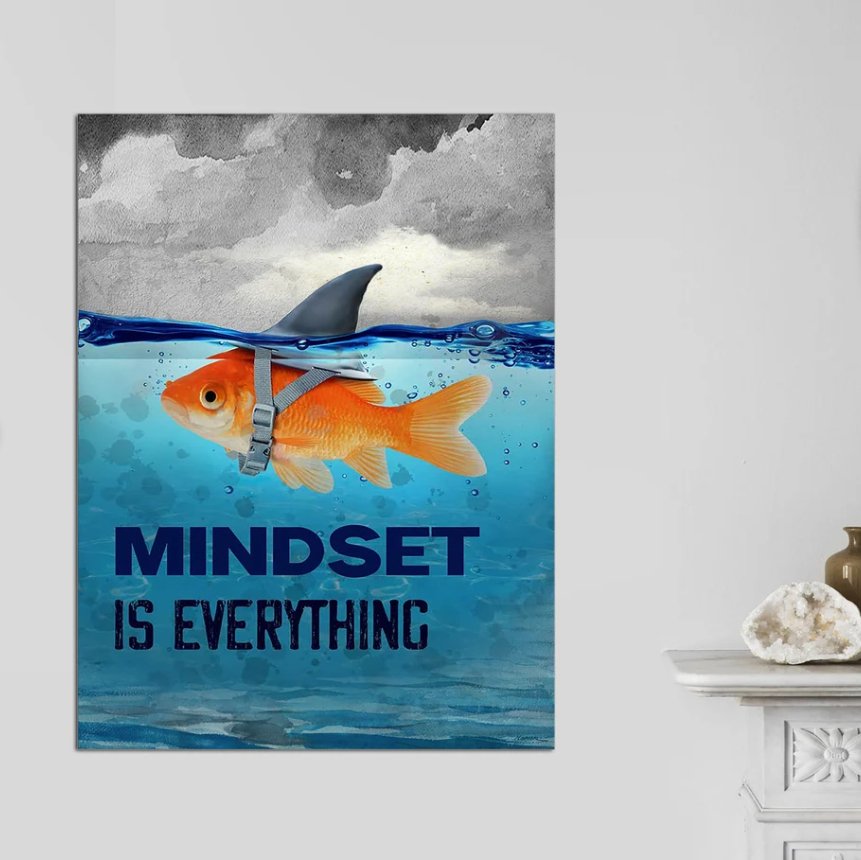 a goldfish wearing a toy shark fin Canvas Wall Art Painting