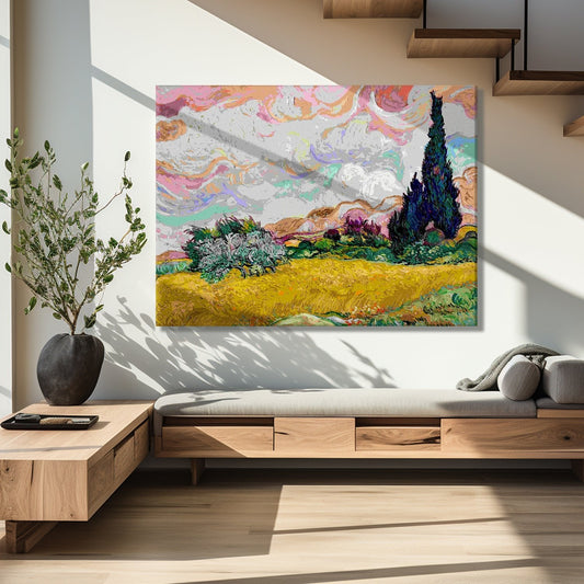 Pastel Wheat Field with Cypresses Canvas Print of Vincent Van Gogh Wall Art Paintings Reproduction Field Pictures Artwork for Home Decor (VAWA06).