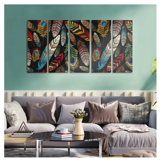 Peacock Feathers Vibrant 5 Panel Luxury Wall Art Painting For Living Room Wall Decor