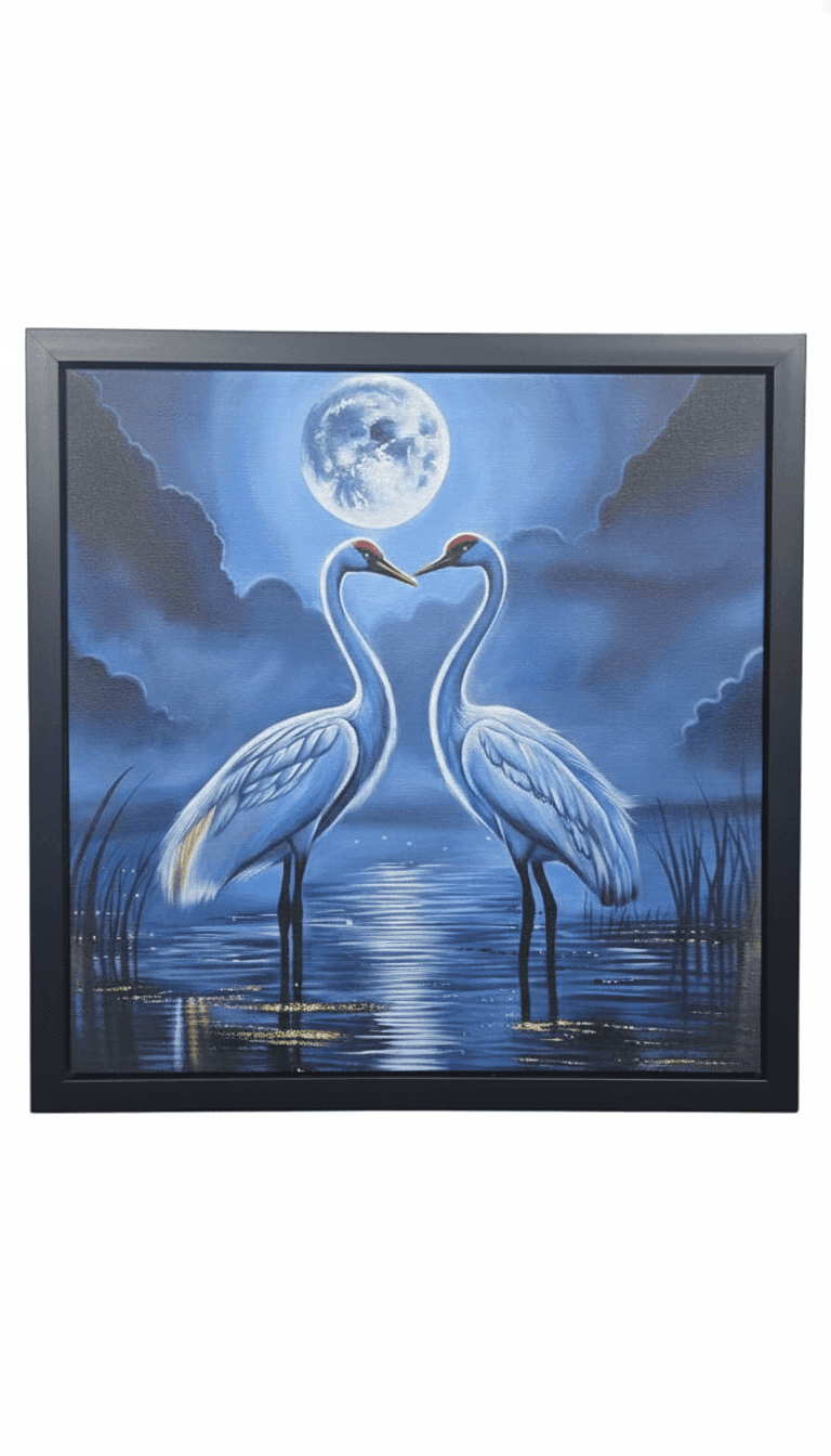 Moonlit Cranes Hand Painting for Elegant Wall Decor