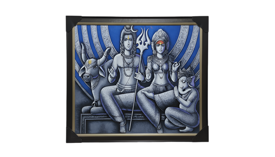 Divine Shiv Family Hand Painting Artwork for Living Room