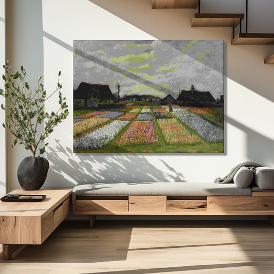 Vintage Van Gogh Canvas Framed Wall Art Large Size - Retro Bulb Fields Paintings - Flower Beds in Holland Art for Bedroom, Living Room Home Decor (VAWA03).